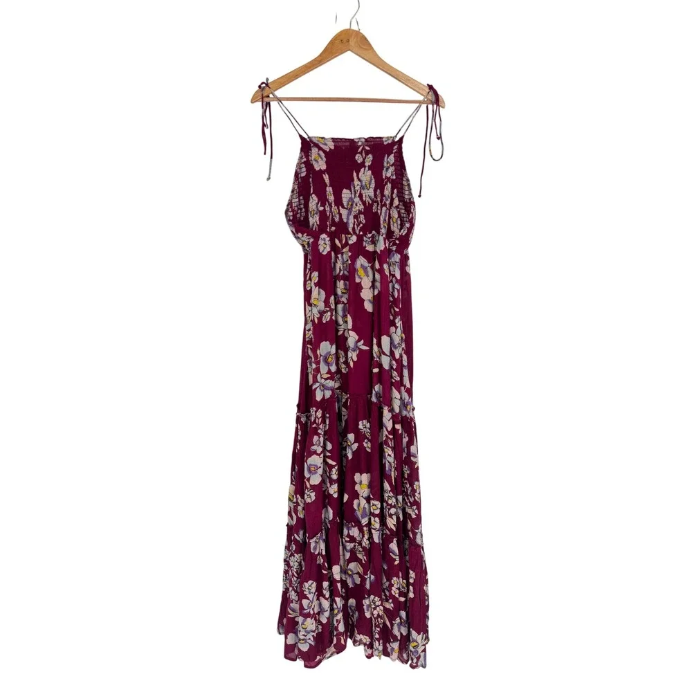 Free People Garden Party Maxi Dress Women M Burgundy Floral Smocked Boho Cottage